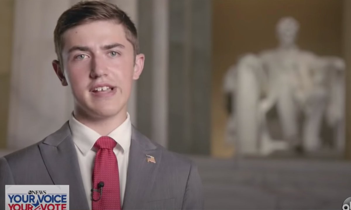 ReadingThePix's tweet image. More Trump/MAGA telegraphing: #NicholasSandmann, known for Lincoln Memorial incident w Native Americans, defended his innocence in #RNC2020 video by describing simple purchase of MAGA hat that day. Then closed by undermined choir boy rendition by popping on hat with defiant look.