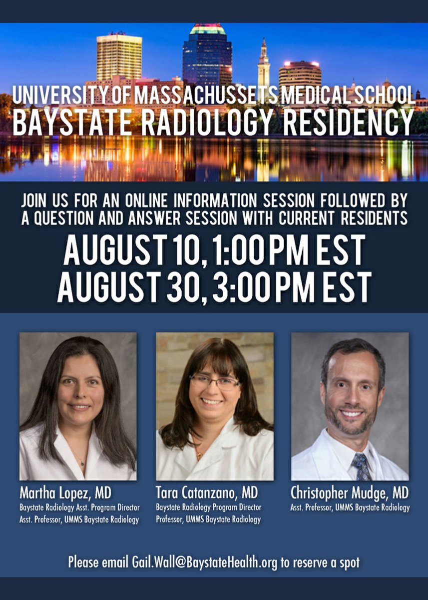 Wondering what it’s like to train <a href="/BaystateRadRes/">UMass Chan - Baystate Radiology Residency</a>? There is still time to register for our upcoming info session. Join in to hear from program leadership &amp; some of our amazing residents. <a href="/futureradres/">Future Radiology Residents</a> #medstudents <a href="/AMSERRads/">AMSER</a>