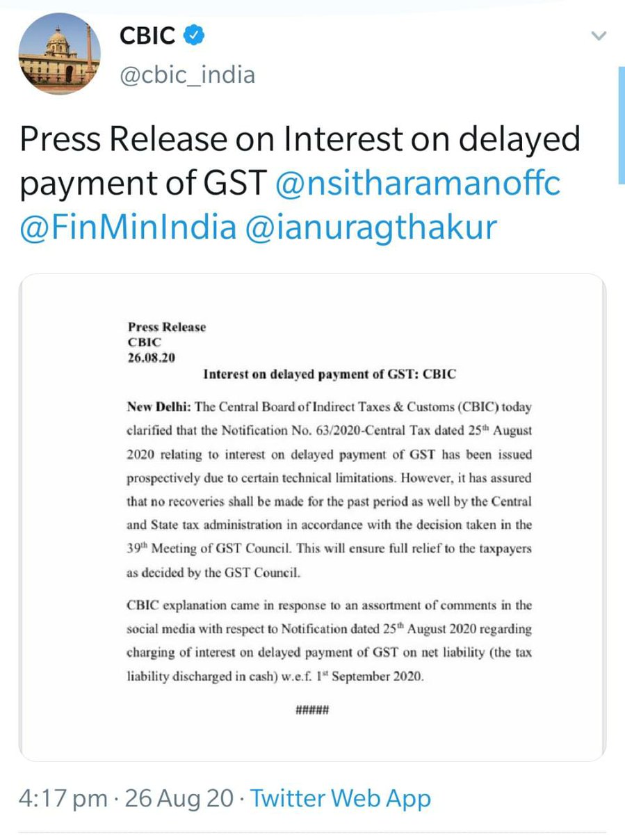 CASolutions3's tweet image. Interest shall be charged on delayed payment of GST on net tax liability w.e.f 1st September, 2020.
@CASolutions3 @GSTCouncils