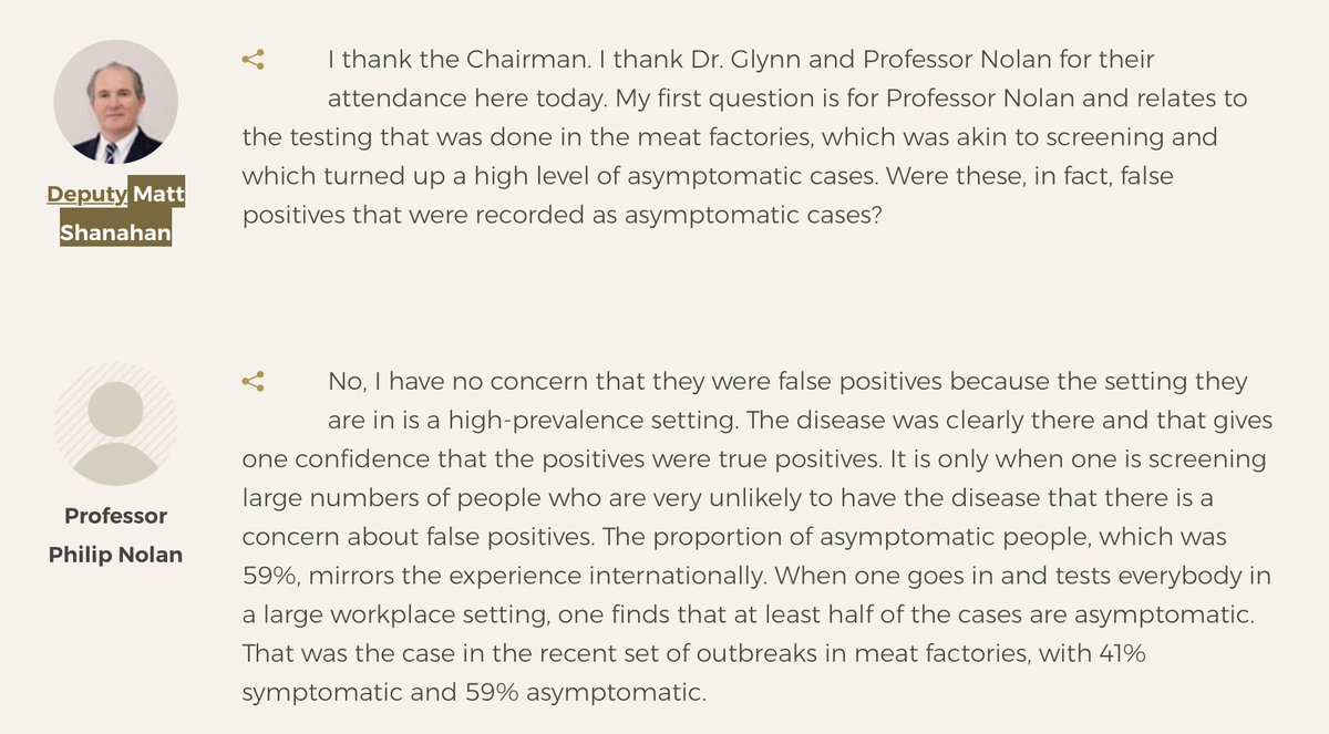 As an example here is TD Matt Shanahan suggesting the meat plant cases are 'false positives' a recent talking point of the US based denialist movement which is seeking to undermine the credibility of testing. Strange to see it surfacing here