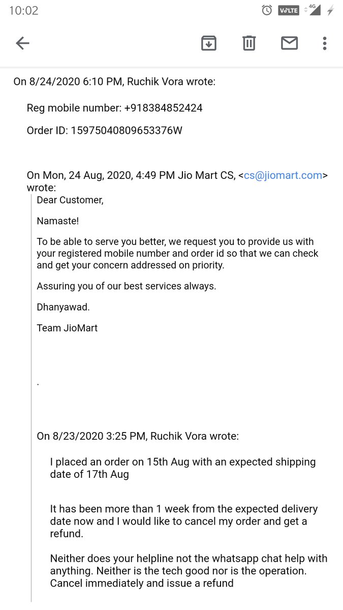 <a href="/JioMart/">JioMart</a> <a href="/JioMart_Support/">JioMart Support</a> I placed an order on 15th Aug with an expected delivery date of 17th Aug. When I raised an issue on 23rd that I haven't received my order and would like to cancel, you guys marked my order delivered. I have NOT received my order