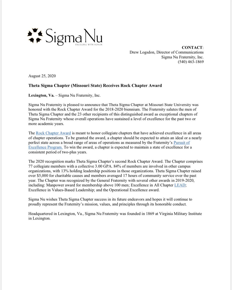 We are pleased to announce the our chapter is a Rock Chapter! <a href="/SigmaNuHQ/">Sigma Nu Fraternity</a>