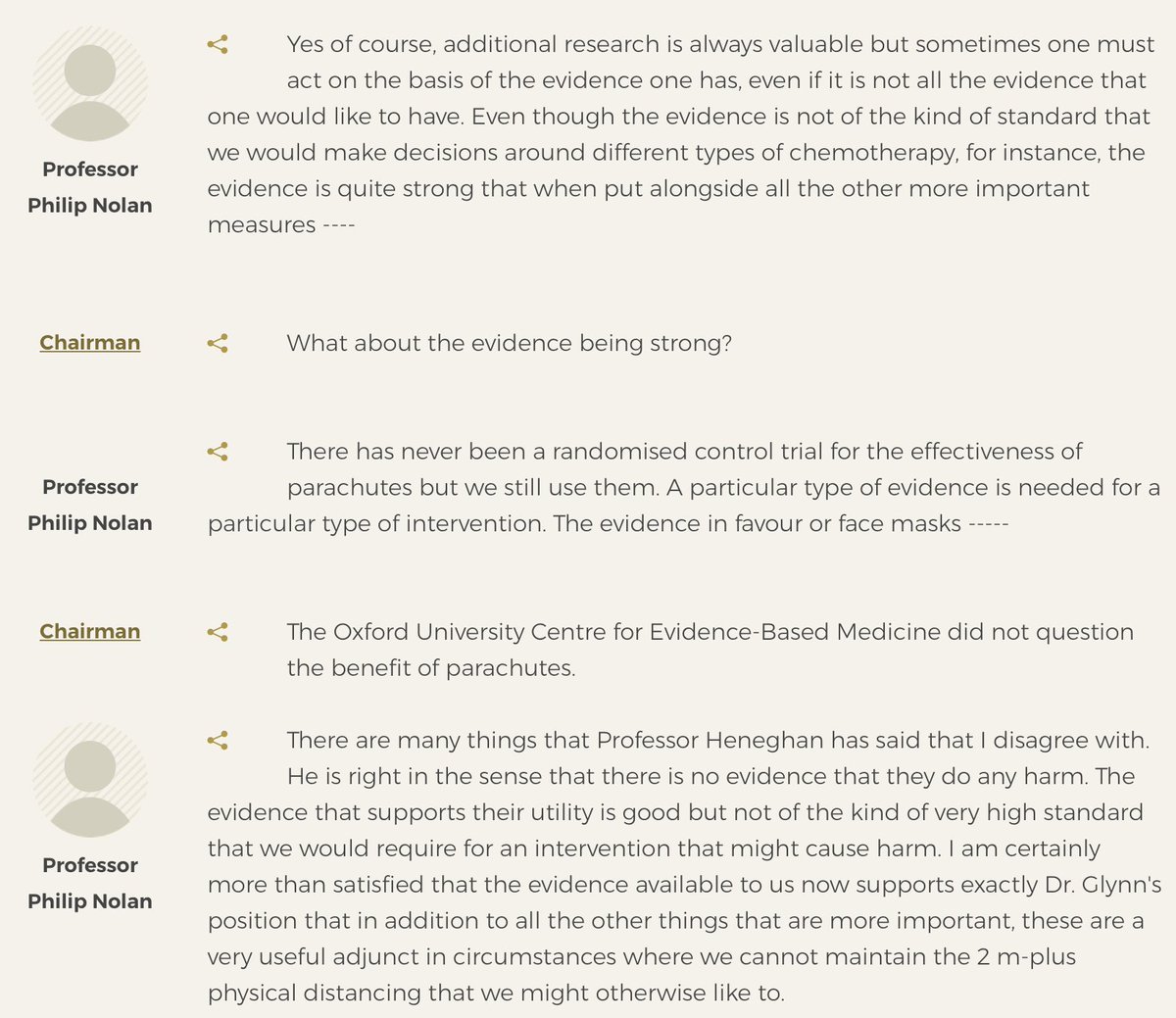 Another example is the chair having a go at masks via the misnamed 'Oxford University Centre for Evidence-Based Medicine' which has published some very poor quality Covid material and simply removed material that was wrong. Who asked them to the Dail in the 1st place?