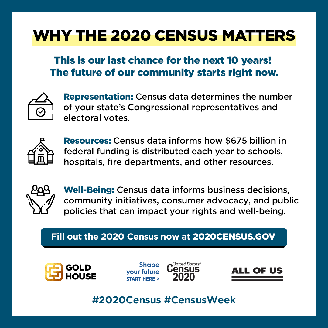 USPAACC's tweet image. We need an accurate count to plan for our community’s needs and account for proper government representation. Complete your #2020Census today! #CensusWeek #2020Census @goldhouseco