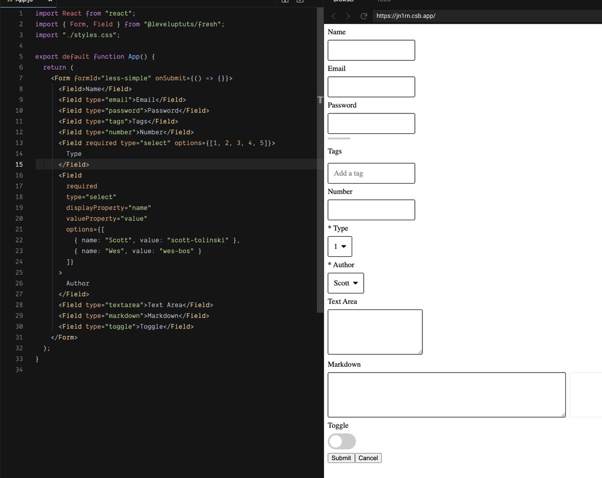 stolinski's tweet image. ⚛️ Forms shouldn&apos;t have to have a ton of code to work.
Check out this form library I made that&apos;s built with simplicity in the API in mind.
🔥 Check it.
github.com/leveluptuts/fr…

codesandbox.io/s/less-basic-f…

YO THAT&apos;S FRESH