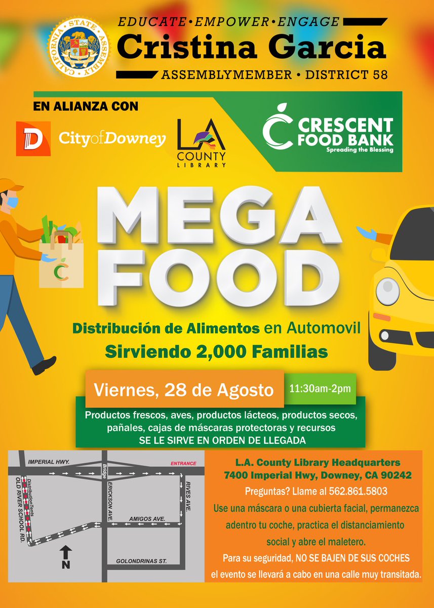 Drive-Thru Distribution on Friday, Aug 28, from 11:30 am - 2 pm with free produce, poultry, dairy, dry goods, diapers, protective masks and other resources available at #LACountyLibrary Headquarters led by <a href="/AsmGarcia/">Cristina Garcia</a> in partnership with <a href="/CityofDowney/">City of Downey - Government</a> and #CrescentFoodBank