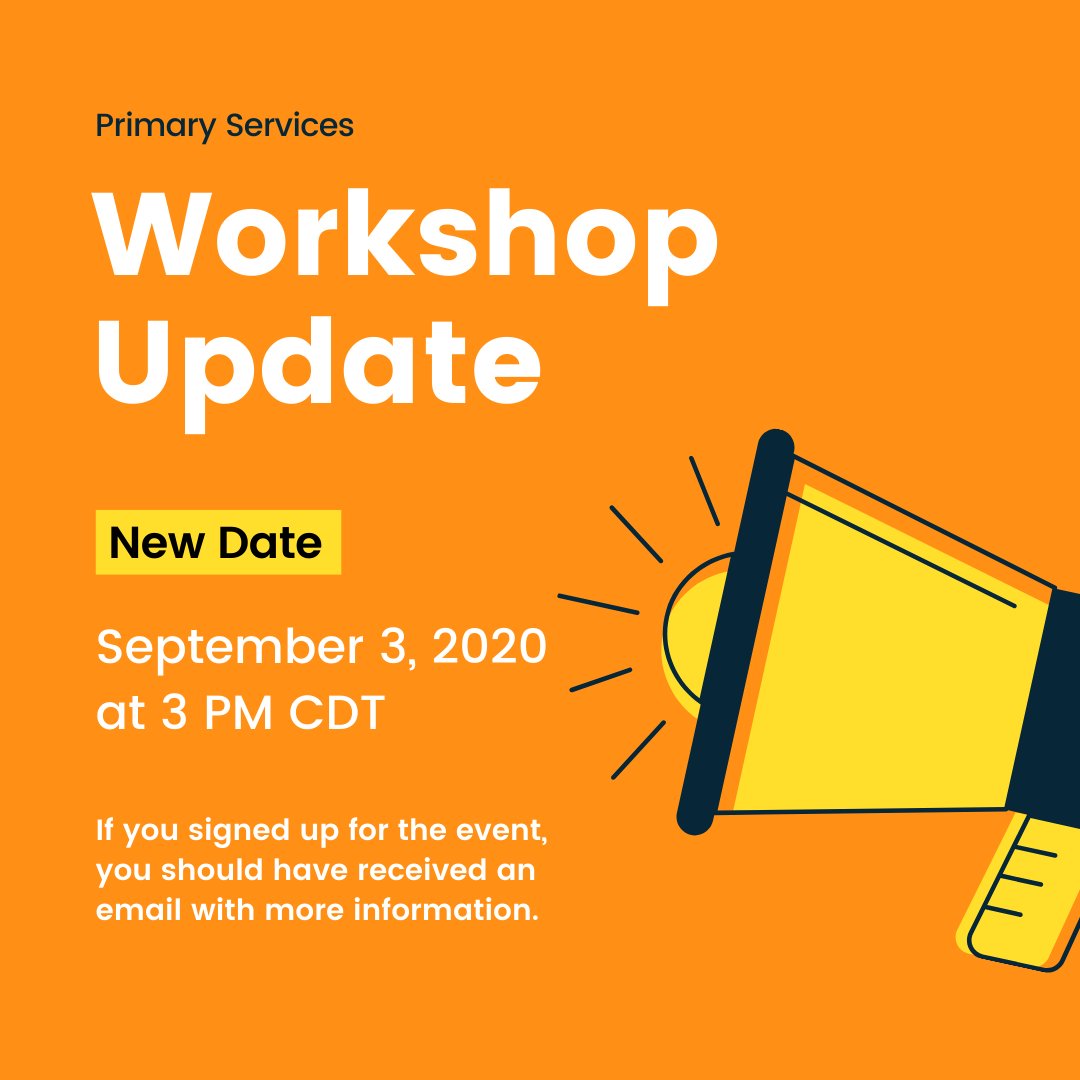 primaryservices's tweet image. Due to current weather conditions and the forecast for the next few days, as Hurricane Laura makes landfall, we have decided to postpone the workshop scheduled for 8/27 to 9/3 at 3 PM CDT. 

We apologize for any inconvenience, and we hope you and your loved ones stay safe.