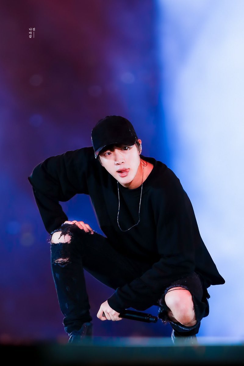 GOODBYE . Seokjin all black. the cap. the ripped jeans I’m SUFFERING