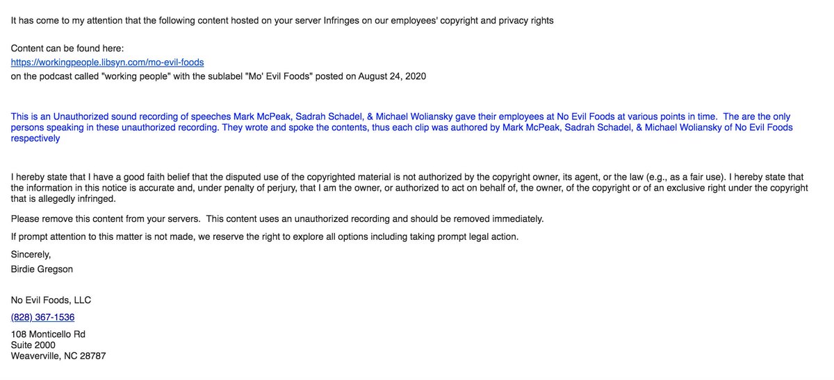 maximillian_alv's tweet photo. Well, well... It seems @noevilfoods, the subject of this week's @WorkingPod/@inthesetimesmag episode, demanded that Libsyn (the service hosting our pod) remove the ep immediately bc we used worker-recorded clips of management union busting. Let's look at their claim, shall we?... https://t.co/rjTmtZx5gt