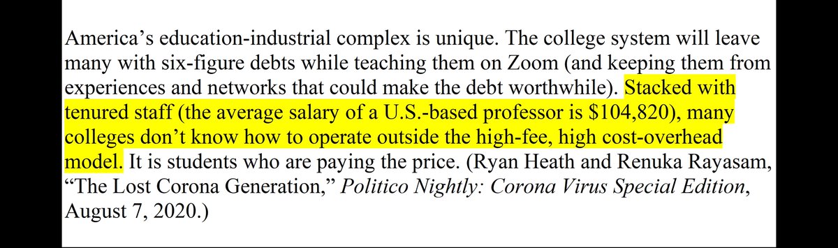 It made me curious, that swipe at tenured professors and their cost that appeared in the August 7 Politico roundup on the damage the Covid-19 lockdowns and recession are doing to young people's educations and career and life prospects.