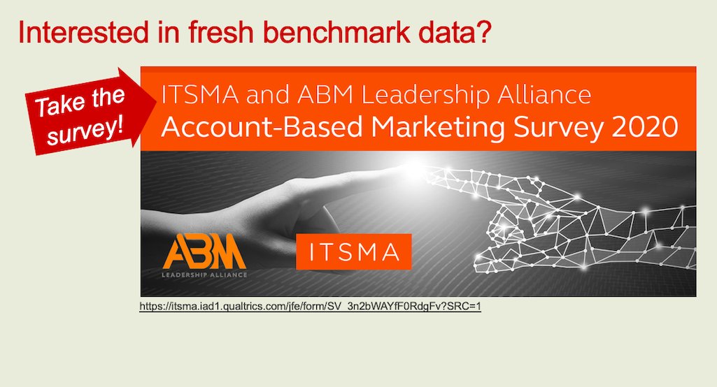 We have questions and we know you, as an #ABM Practitioner, have answers!

Join your peers and participate in the ITSMA and <a href="/ABMLA1/">ABMLA1</a> 2020 ABM Benchmarking Survey.

bit.ly/3ABMbms2020