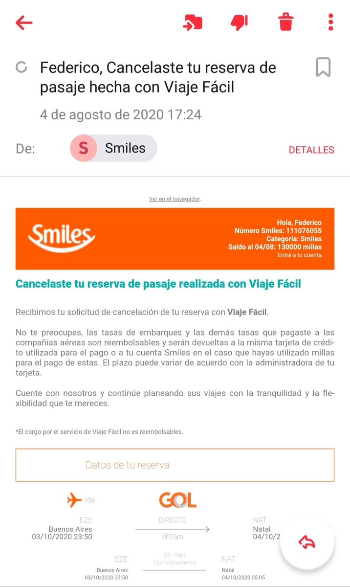 FedericoG77's tweet photo. @SmilesOficialAR cancelé un viaje fácil el 04-08 al día de hoy no me devolvieron las tasas de embarque, llamo por teléfono y me dicen que esto demora 60 días hábiles, no están cumpliendo los términos y condiciones, la devolución debería ser en el momento. https://t.co/tyTIJ4kIwt