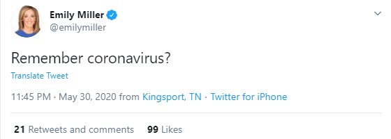 On May 30, shortly after the United States officially passed 100,000 deaths from COVID-19, she tweeted: “Remember coronavirus?”