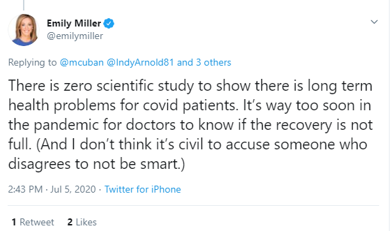 She's unaware of the the long term effects of COVID  https://www.statnews.com/2020/08/12/after-covid19-mental-neurological-effects-smolder/