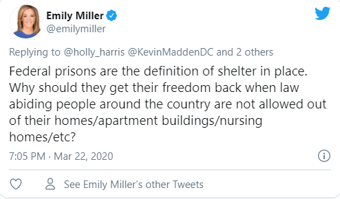 She thinks prisons help stop the spread of coronavirus (they're some of the sites of the worst spread events in the country)
