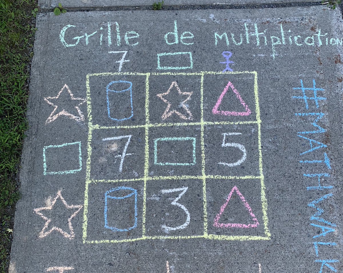 Trouve la valeur de chaque forme dans la grille de multiplication. #mathwalk
What value is represented by each shape in this multiplication grid? #sidewalkmath Translated from <a href="/traciteacher/">Traci Jackson</a>
