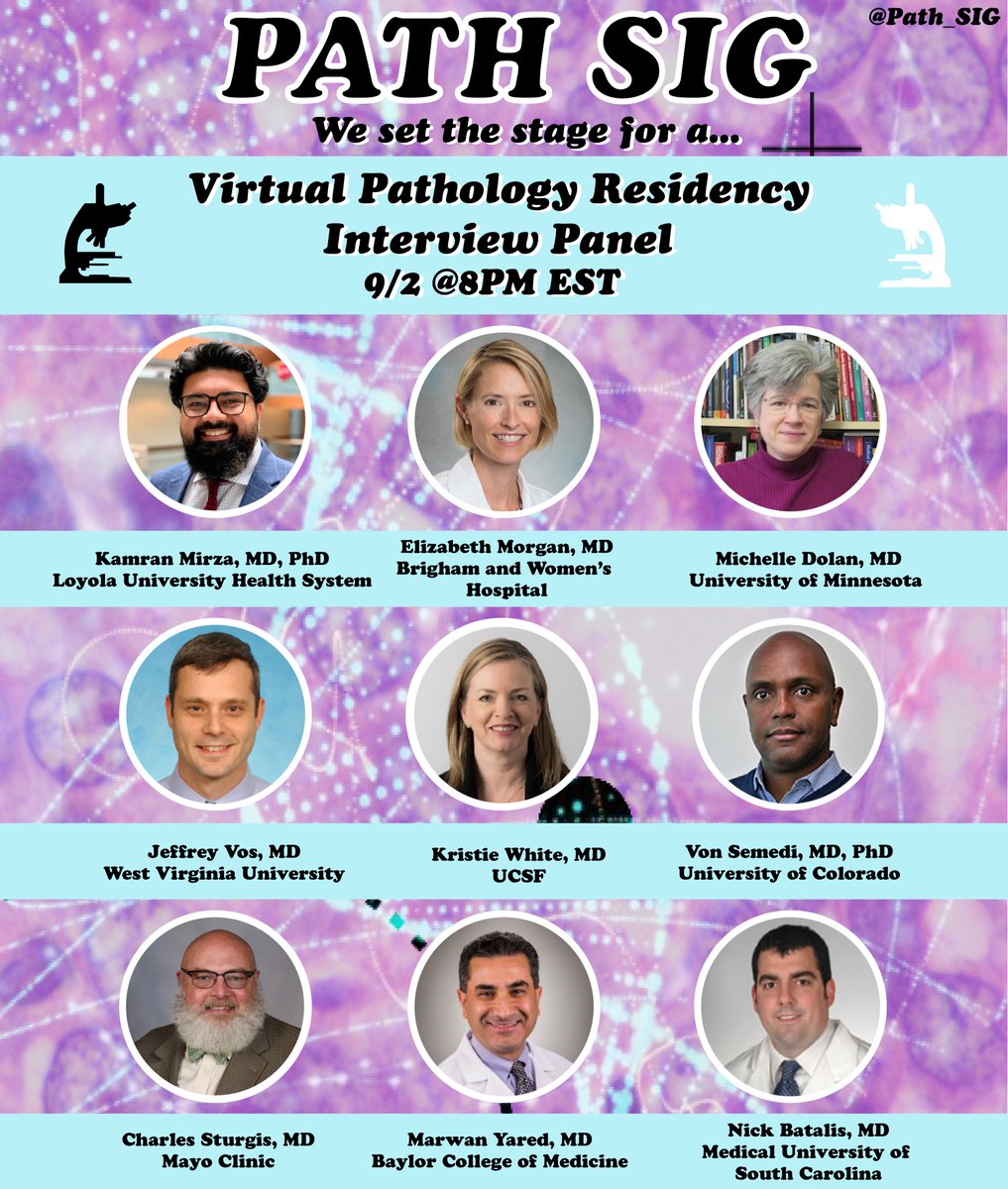 Register for the <a href="/Path_SIG/">Virtual Pathology Student Interest Group</a> Virtual Pathology Residency Interview Panel on 9/2 @ 8PM EST using this link luc.zoom.us/meeting/regist….
Don’t forget to submit your questions by 8/28 here → docs.google.com/forms/d/e/1FAI… 
For those that can’t attend, the session will be recorded. 
#pathmatch21