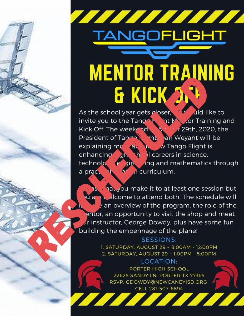 Due to Hurricane Laura and Hurricane Marco, Tango Flight and Porter High School have both agreed to reschedule the event. As of right now, the event has been rescheduling to September 12th.

Please stay safe, and hope to see you for the rescheduled event on September 12th.