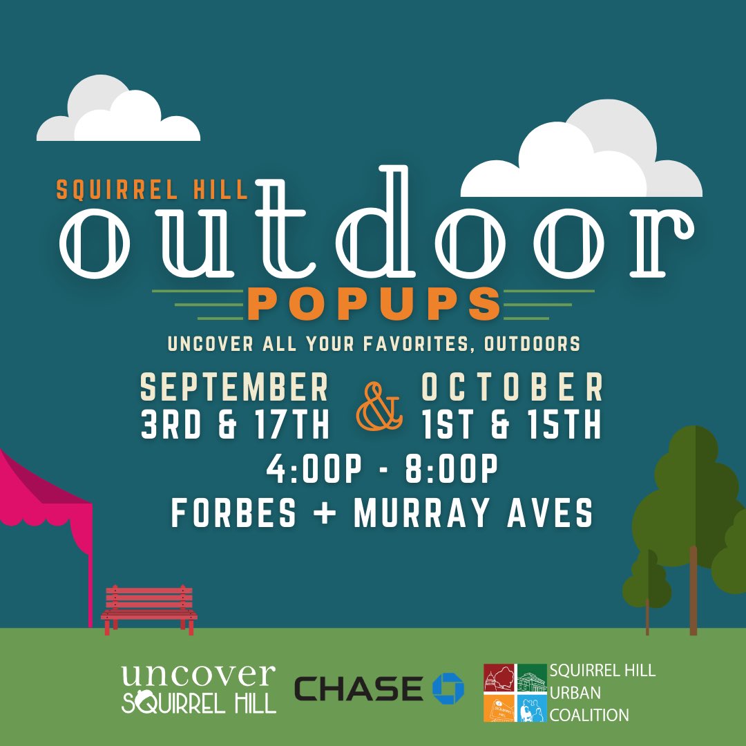 (SHOP): Get ready time join us for our Squirrel Hill Outdoor Popups series coming Thursdays this fall. Thanks to <a href="/Chase/">Chase</a> for sponsoring our series + supporting small businesses.
