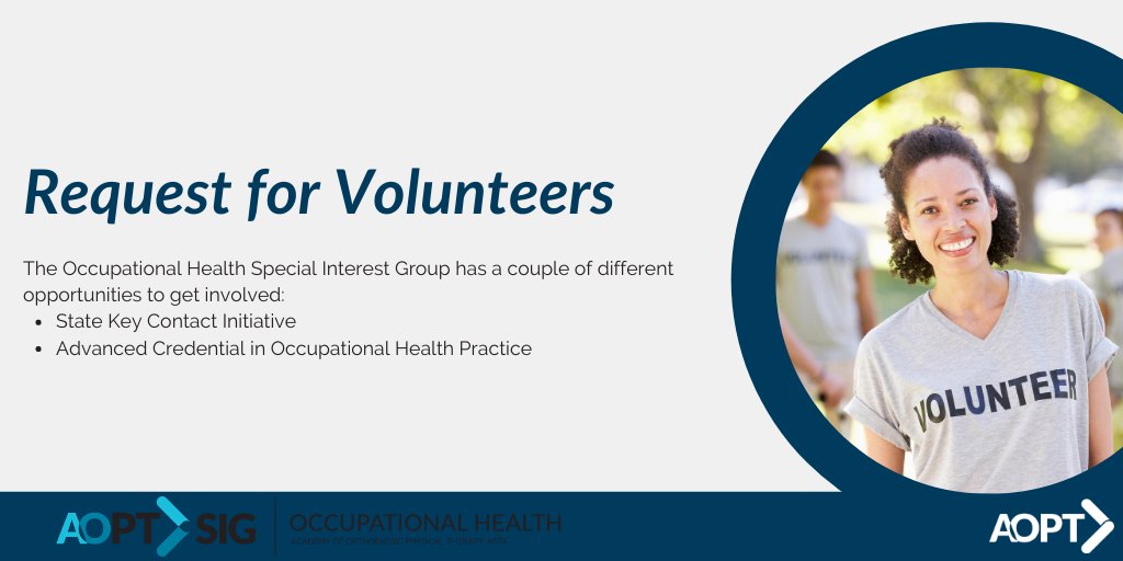 APTAOrthopedics's tweet image. Resource experts are needed!  Become a Key Contact in your state! Or, help create advanced credential in Occupational Health!

Email ckfurtak@gmail.com if interested.