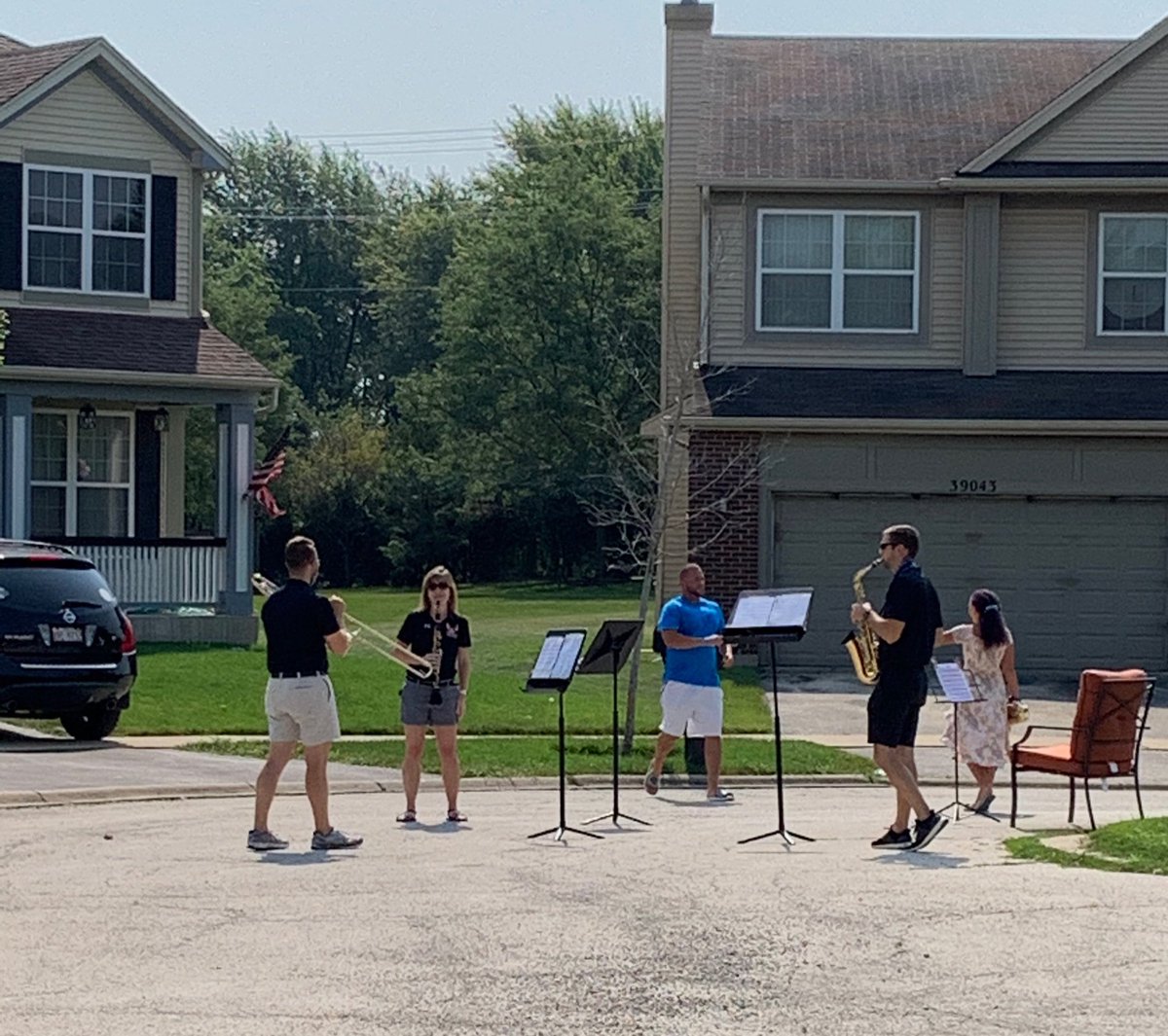 Our band directors spent the morning driving to some of our students’ homes and making music with them on the first day of school. They’ll be back out there this afternoon to see more students! #d56achieves