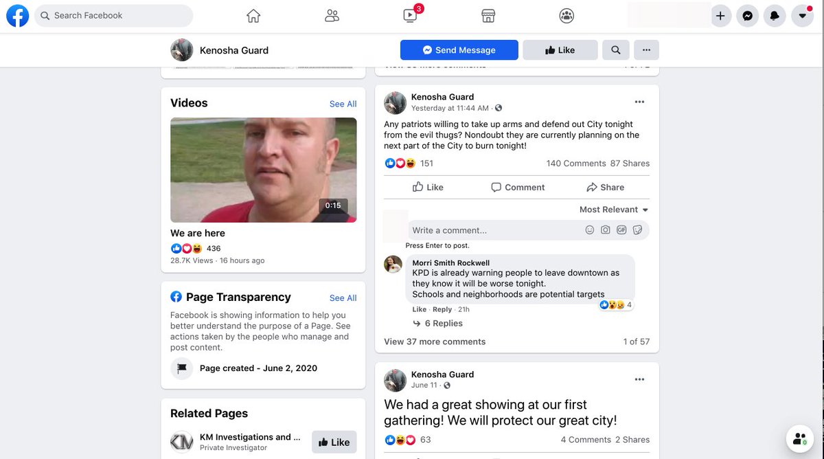 A Facebook Event organized by the group Kenosha Guard called on fellow militia members to take up arms and guard businesses from protesters: “Any patriots willing to take up arms and defend our city tonight from the evil thugs?”