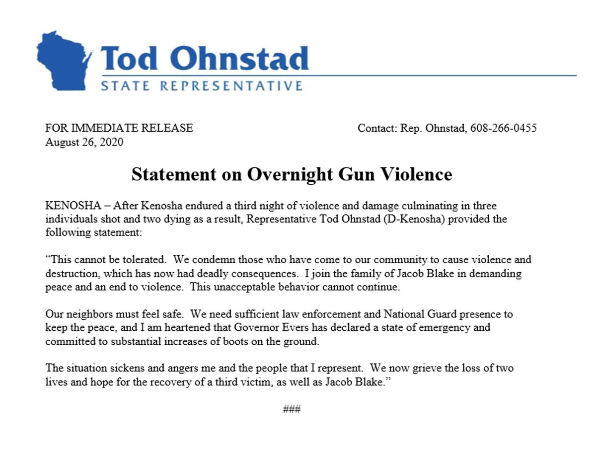 I shared this statement today following the additional tragic events we witnessed in our Kenosha community last night.