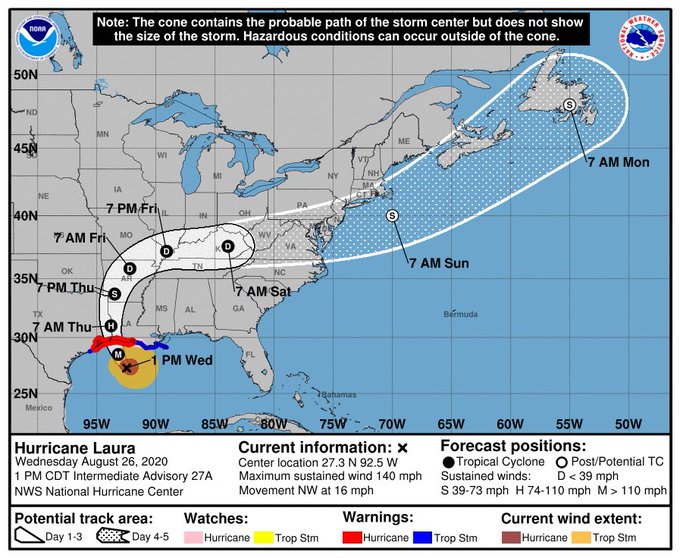 Imagencentro nacional de huracanes, categoria 4, huracan laura, afectaciones, trayectoria, lluvias, vientos