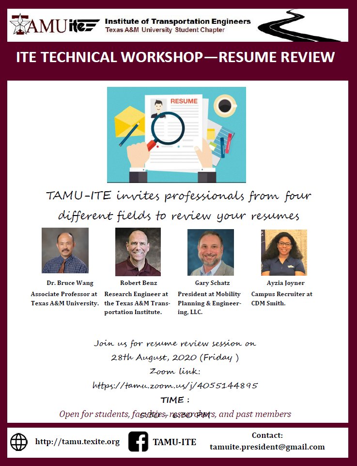 TAMUite (@itetamu) on Twitter photo TAMU-ITE hosts a workshop to review your resumes with professionals from four different fields on this Friday, 5:30-6:30 pm.
RSVP for the event:forms.gle/EVimuk5wRka1yy…
Zoom Meeting:
tamu.zoom.us/j/4055144895
Meeting ID: 405 514 4895
<a href="/TAMUCVEN/">TAMU Civil & Environmental Engineering</a>
<a href="/TAMUEngineering/">TAMU Engineering</a> TAMU-ITE hosts a workshop to review your resumes with professionals from four different fields on this Friday, 5:30-6:30 pm.
RSVP for the event:forms.gle/EVimuk5wRka1yy…
Zoom Meeting:
tamu.zoom.us/j/4055144895
Meeting ID: 405 514 4895
<a href="/TAMUCVEN/">TAMU Civil & Environmental Engineering</a>
<a href="/TAMUEngineering/">TAMU Engineering</a>