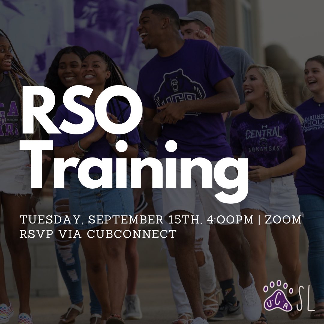 RSO Training will be Tuesday, September 15th at 4:00PM via zoom! 🐻 2 exec board members are required to attend in order for your RSO to remain active. Those members have to RSVP via CubConnect (link below) for the event in order to receive credit.  uca.campuslabs.com/engage/event/6…
.