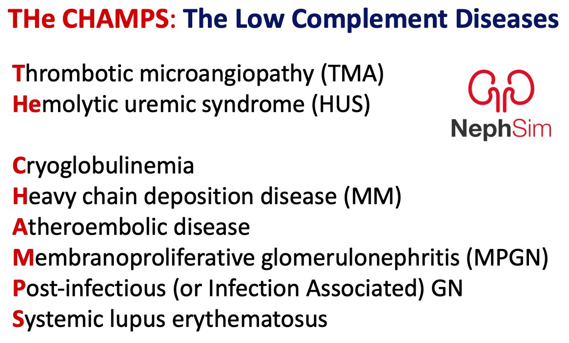 NephSIM (@neph_sim) on Twitter photo Introducing "THe CHAMPS"
An improved mnemonic for low complement #kidney diseases
🙏 <a href="/VelezNephHepato/">Juan Carlos Q Velez</a>
#FOAMed #MedEd
nephsim.com/case-43-diagno… Introducing "THe CHAMPS"
An improved mnemonic for low complement #kidney diseases
🙏 <a href="/VelezNephHepato/">Juan Carlos Q Velez</a>
#FOAMed #MedEd
nephsim.com/case-43-diagno…