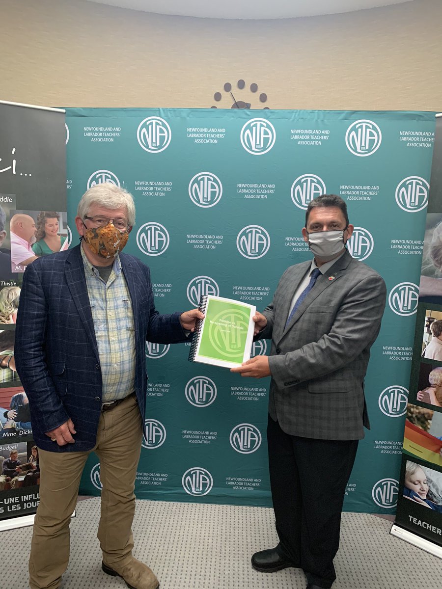 JimDinn's tweet photo. Accepting “Petition re Re-Opening of Schools” from @NLTeachersAssoc president @dean_ingram Over 12,000 people urge @GovNL @EDU_GovNL to take action to ensure safe reopening of schools, including reduction of class size to allow for physical distancing. @NLNDPCaucus @NLNDP https://t.co/YqsDH6sWyQ
