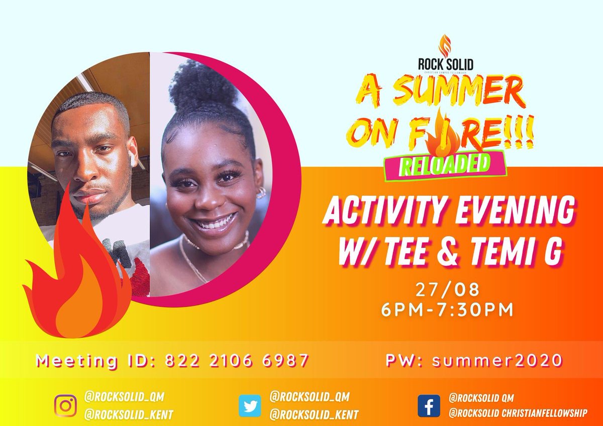 RockSolid_Kent's tweet photo. Rock Solid’s A Summer on Fire comes to a close tomorrow. Yes! Three months have flown by so quickly. Join us tomorrow at 18:00 for our Activity Evening with our Presidents- Temi Gordons and Temi Familusi. See you then 🏝💫🙏🏾
#asummeronfire #activityevening #online #rocksolid https://t.co/N9RPQlvSBr