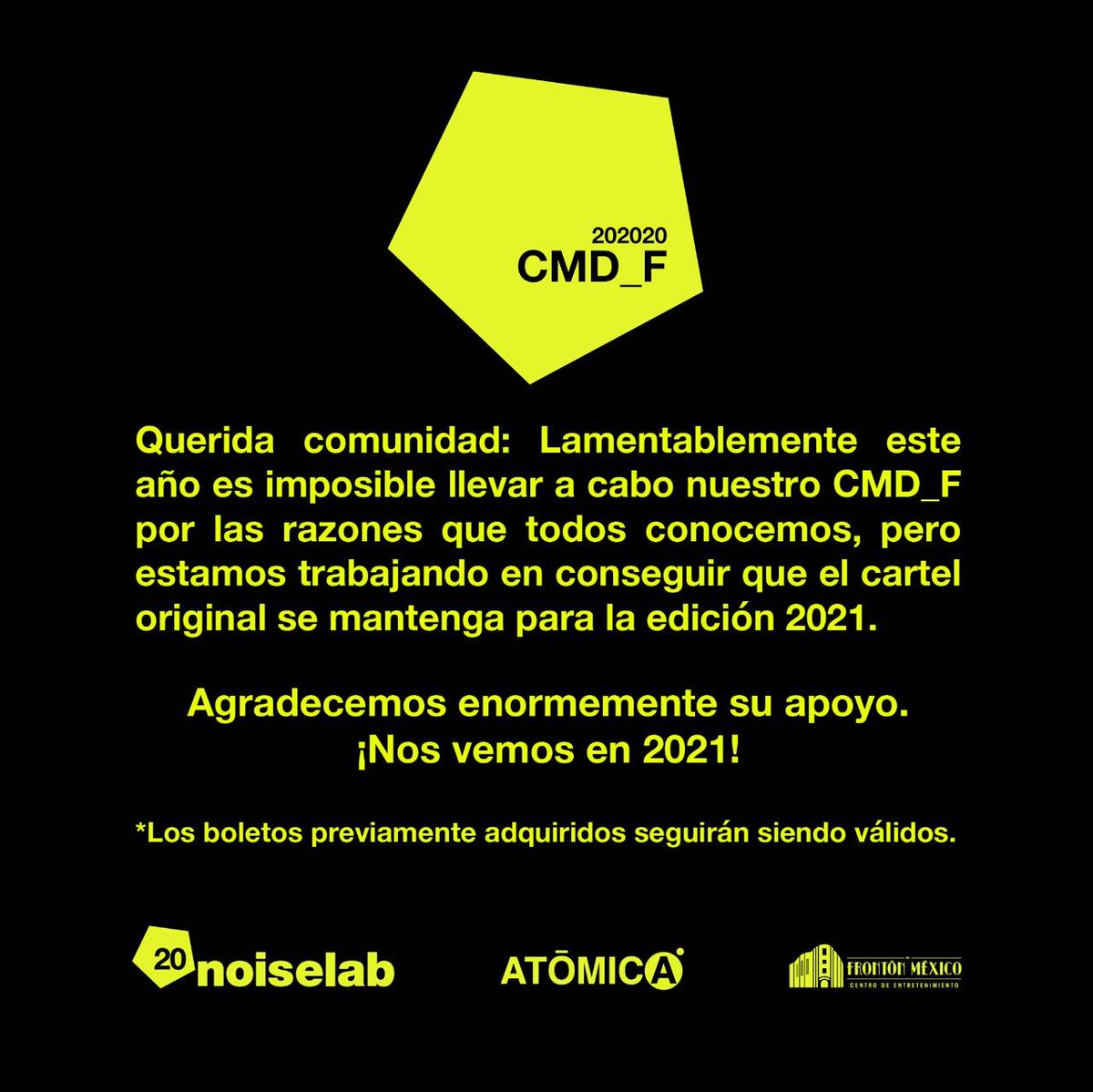 hgmediamx's tweet image. A través de un comunicado se anunció que el #CMDFEST será propuesto para el próximo con la esperanza de mantener su lineup intacto.

Este festival de música electrónica se iba a realizar el 5 y 6 de septiembre en Frontón México.