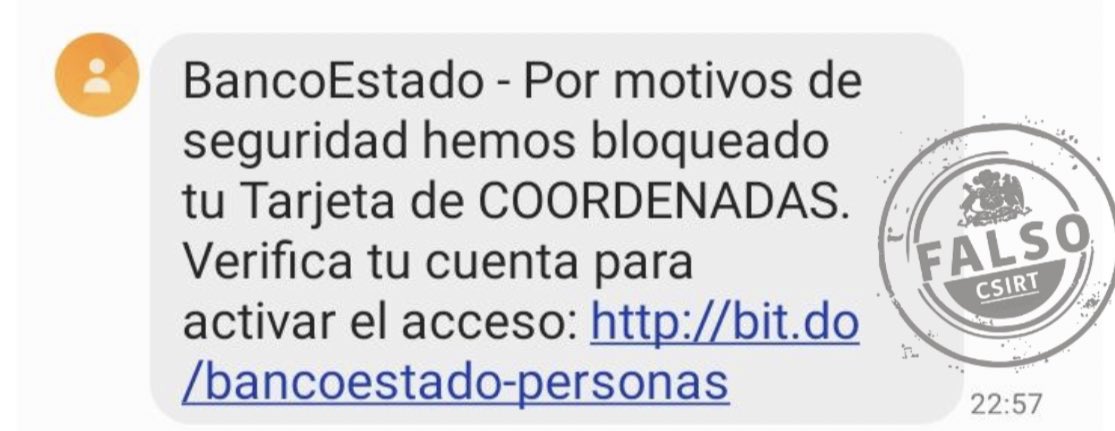 edu_castillo's tweet photo. OJO | SMS que se está difundiendo supuestamente de Banco Estado. El mensaje fraudulento indica que la tarjeta de coordenadas del usuario ha sido bloqueada y solicita verificar la cuenta en el enlace. 
No ingresar al link ❌ https://t.co/QIYvrjK2oB