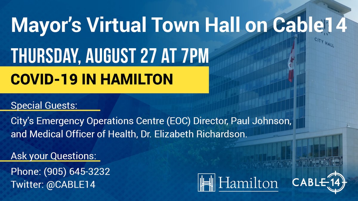 MayorsArchive's tweet photo. Tomorrow, join me for the first Mayor's Virtual Town Hall on @cable14! 📺
I'll be joined by EOC Director, Paul Johnson, and our Medical Officer of Health, Dr. Richardson, to answer YOUR questions about #COVID19 in #HamOnt and #HamiltonReopens.
#HamOnt https://t.co/al8SsrD3MX