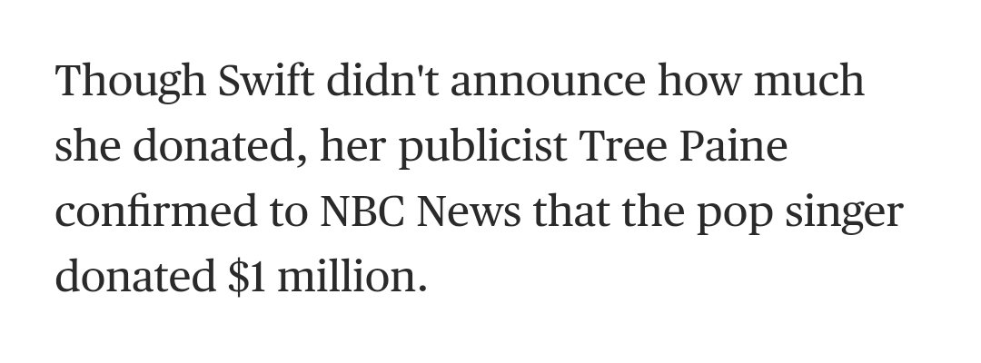 to help with reparations after the tennessee tornadoes in march, taylor contributed $1 million and encouraged her fan base to donate as well.