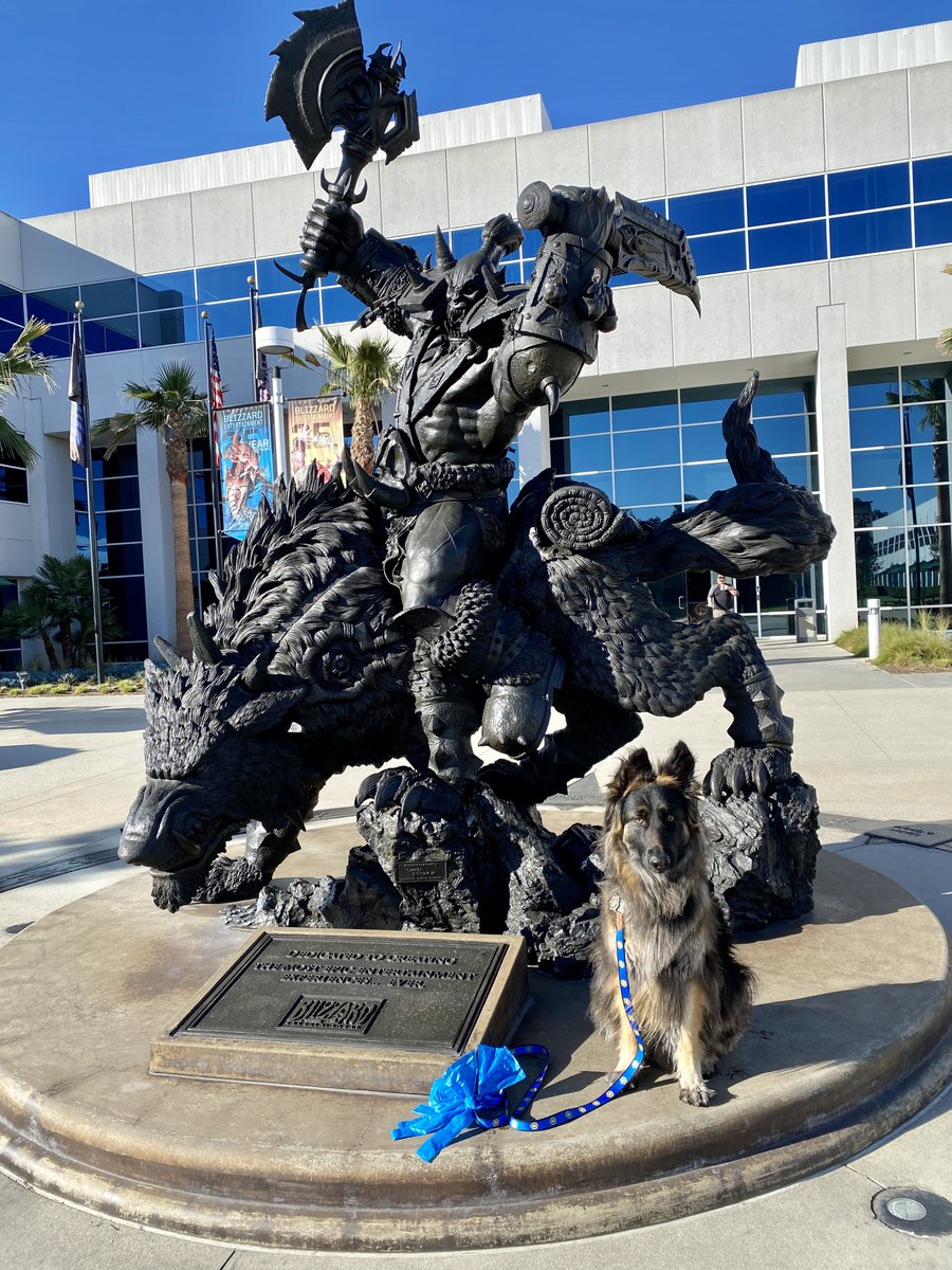 Sneaking in a campus pic of Sierra because we must. Look at her! "She's on the BattleNet & Online Products Platform Game Service Team, sportin' her Alliance tag and leash... and appropriately colored poop bags." (boy, that's all kinds of a loaded quote...)