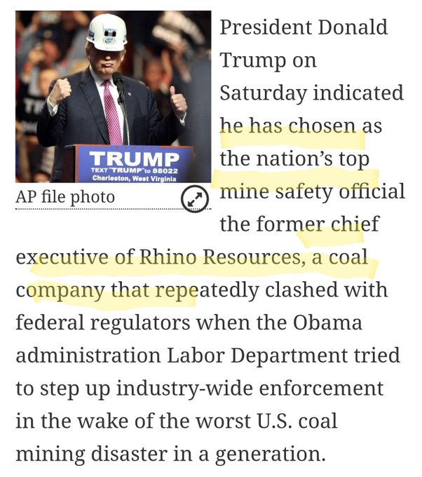 11/ And the Trump official in charge of mine safety was an executive at a company accused *by that very agency* of a pattern of violations  https://www.wvgazettemail.com/news/politics/trump-nominates-former-coal-exec-to-run-msha/article_1e2af1d5-0346-5198-8e7b-74521327fe2a.html