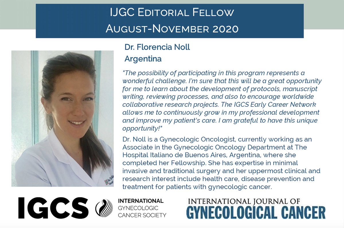 IGCSociety's tweet image. Congratulations to Dr. Florencia Noll on being one of the five young #gynoncs selected for an Editorial Fellowship w/ @IJGConline! This will be an incredible opportunity for @FlorenciaNoll &amp;amp; the other fellows&apos; professional development.

Fellowship details: igcs.org/ijgc-editorial…