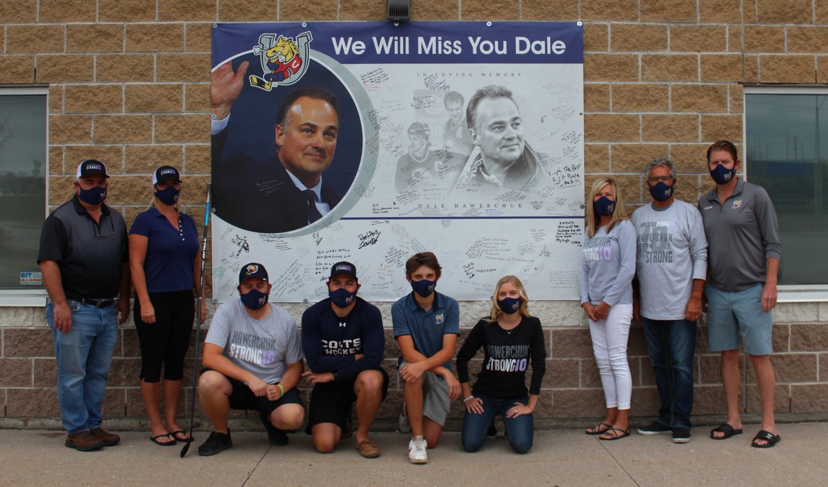 OHLBarrieColts's tweet photo. Barrie Colts staff gathered today to extend our most sincere and heartfelt appreciation for the support we have received over the last week.

Dale...our coach...our friend…our mentor, you will be greatly missed by all. 

#HawerchukStrong https://t.co/qxXU7Mlsvk