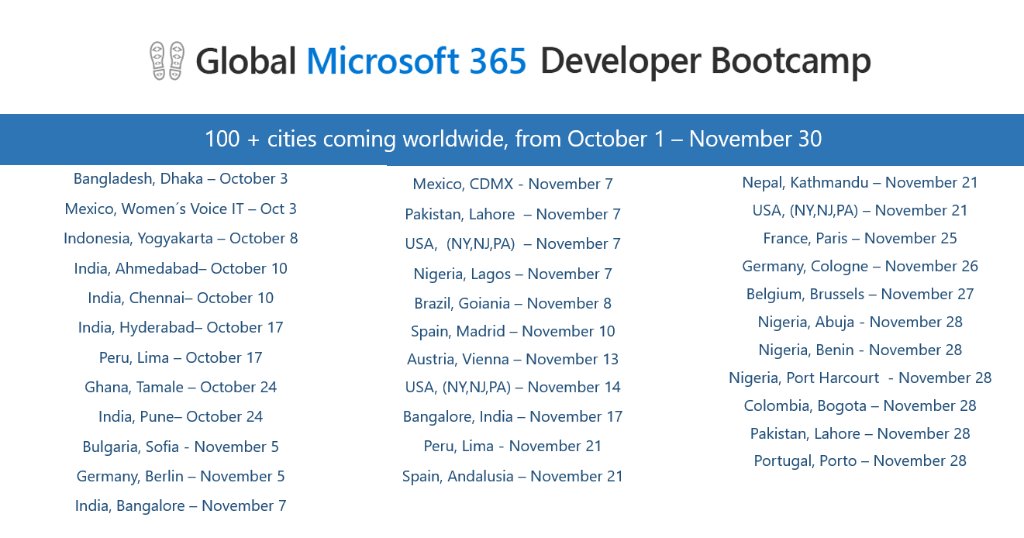 Microsoft365Dev's tweet image. More cities added! Join one or many Global Microsoft 365 Developer Bootcamps in your region or pick from any location. They are all virtual, free with hands-on training for developers. msft.it/6018TSbRo #MicrosoftTeams #SharePoint #MicrosoftGraph
