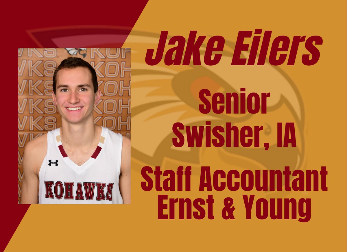 CoeCollegeHoops's tweet photo. A huge congrats to @PrairieHoops alum and current Kohawk Senior Jake Eilers on recently accepting a position with one of the Big 4 accounting firms, @EY_US! We are proud of how you represent our program Jake! #TookFlight https://t.co/36kEPzbEYC