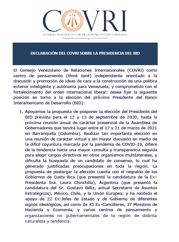 mirnayonis's tweet photo. #TomeNota A propósito de las dinámicas del #MultilateralismoRegional y las #RelacionesInteramericanas invito a revisar la *Declaración de #COVRI sobre la Presidencia del BID*
Texto disponible en portal de @COVRI_org
Atc #SemENIG #MasterARIG https://t.co/bGHxSLostz