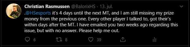 LOOKING FOR HELP TO REACH OUT TO ESPORTS TEAM REGARDING PAYMENT.
I have still not received my payment from MT: Jonkoping, which happened 2,5 months ago. I have emailed esportpayment, made an earlier twitter post and tagged admin in jonkoping discord, all with no reply.