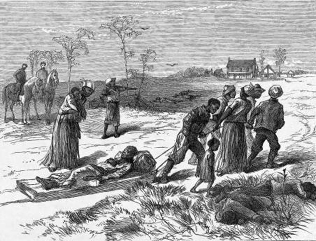 White supremacist attacks like these brought an end to Reconstruction, the country's attempt to establish Black citizenship & equal rights. White elites carried out a genocide, as in the pictured Colfax Massacre, on Black office-holders & their families.