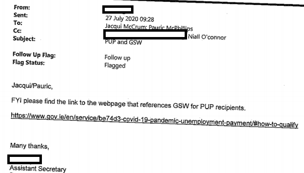 Around the same time, an email has been sent to the Department Secretary General providing a link to the Pandemic Unemployment Payment page. It has, as we already know, been updated at this stage. Haven’t redacted names of advisers and Secretary General: