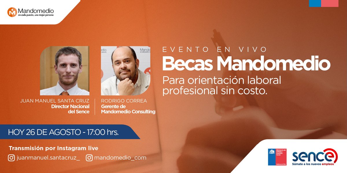 ¿Buscas empleo? Tenemos mil becas de orientación laboral profesional para ayudarte. 
Conéctate hoy a las 17hrs. 🕔 a la cuenta de instagram, <a href="/juanmanuel/">JuanManuel</a>.santacruz_  o <a href="/Mandomedio_com/">Mandomedio</a> 
Junto a <a href="/Mandomedio_com/">Mandomedio</a> te contamos sobre esta oportunidad de #capacitación ¡Te esperamos!