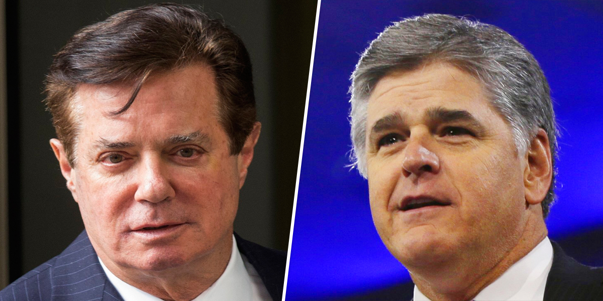 ...Manafort was in regular, "cozy" communication with one of Trump's top domestic policy advisers outside the administration, Sean Hannity, from at least July 2017 through June 2018—a period beginning shortly after Giuliani's trip to Kyiv to meet Poroshenko. ()[NB: Hannity...