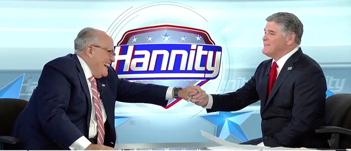 ...'brought him substantial evidence of Ukrainian collusion with Clinton, the DNC, Soros and Soros' company.' Giuliani does not reveal the evidence to Hannity or FNC viewers.[NB: The book establishes Giuliani's conspiracy theory as false, anti-Semitic, and enabled by Hannity.]